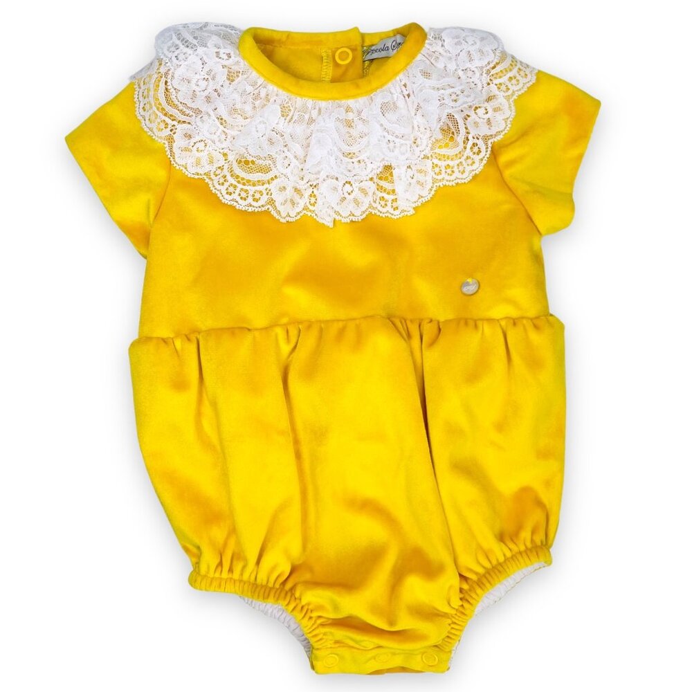 NWT Piccola Speranza Marigold Yellow Lace Ruffle Collar Bubble Romper Outfit 3m